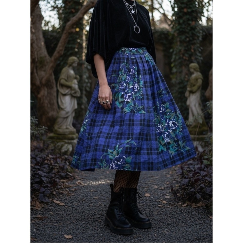 Vtg SK‎ & Co Women Sz 14 Purple Plaid Floral Midi Skirt Whimsigoth Dark Academia